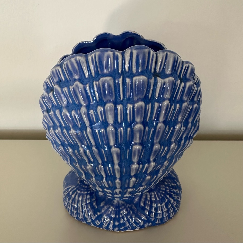 Anthropologie Vintage Hollywood Regency Coastal Shell Vase Cachepot Blue Glaze